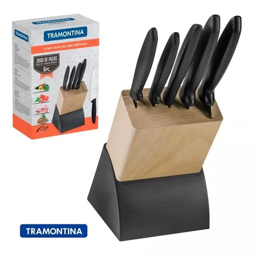 JOGO DE FACAS PARA COZINHA + SUPORTE EM MADEIRA CEPO TRAMONTINA
