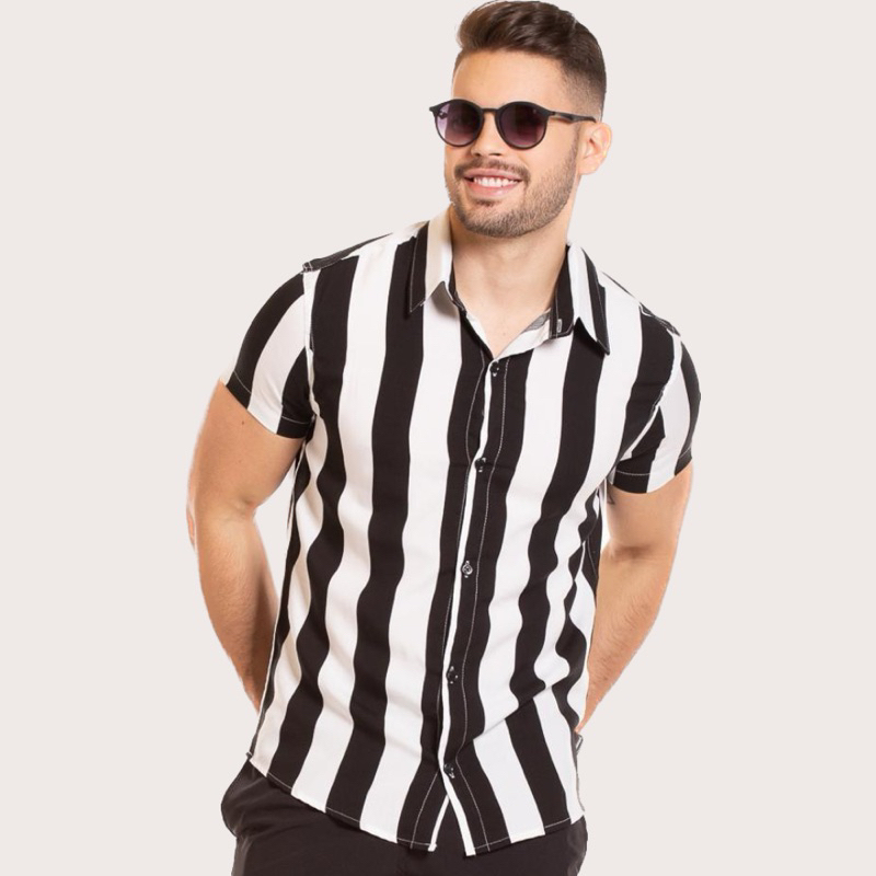 camisa listrada masculina manga curta de botão em viscose blusa masculina