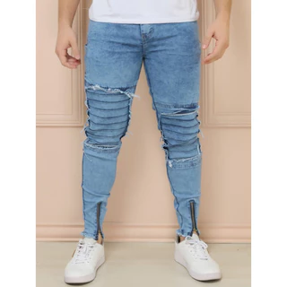 Calça Jeans Masculina Perna Com Zíper Slim Elastano