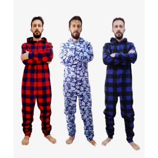 pijama macacão masculino adulto com pezinho e capuz de inverno