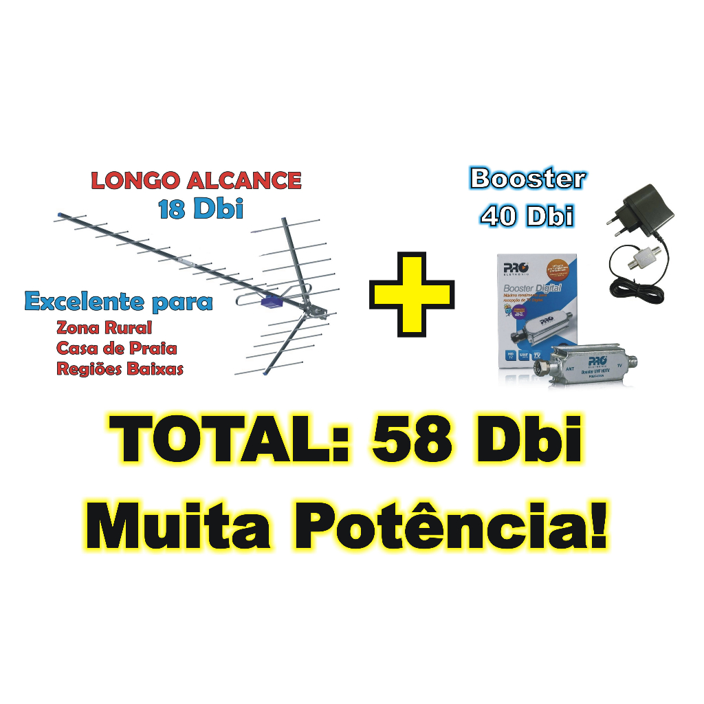 Antena Digital Externa para Tv Proeletronic Yagi PROHD-1118 4K com Amplificador Booster 40db Proeletronic PQBT-4000LTE