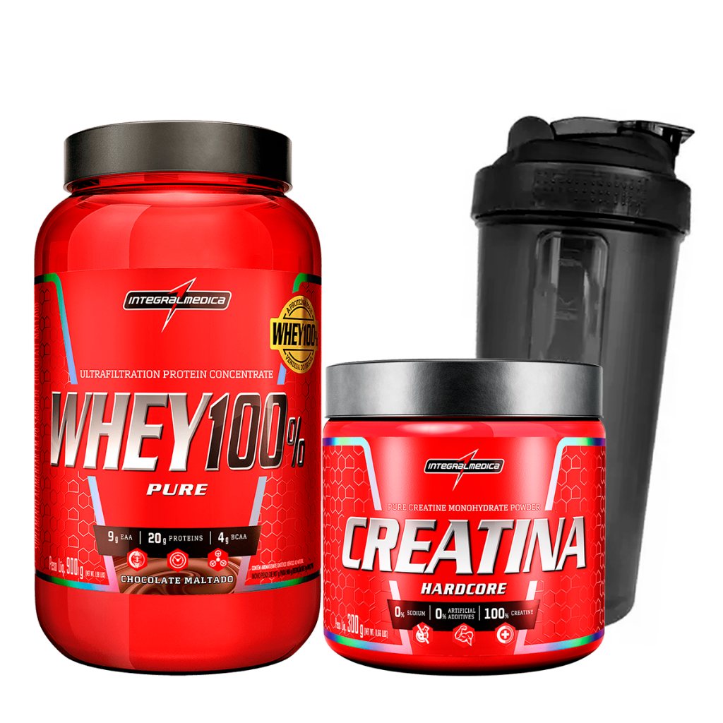 Whey Protein Concentrado 100% Puro Pote 900g + Creatina Pura 300g Integralmédica + Coqueteleira