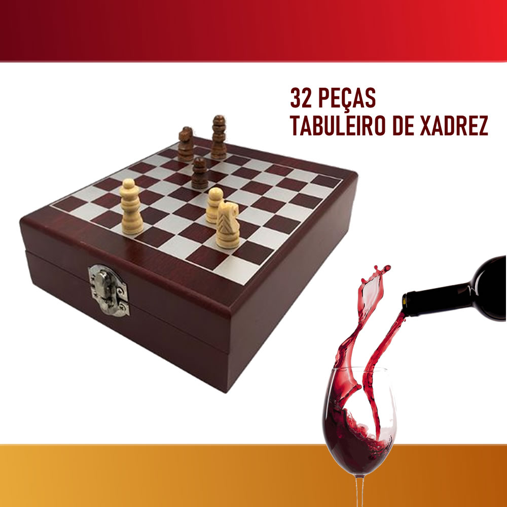 Kit Abridor de Vinho com jogo de Xadrez Abra Vinhos Com Elegância