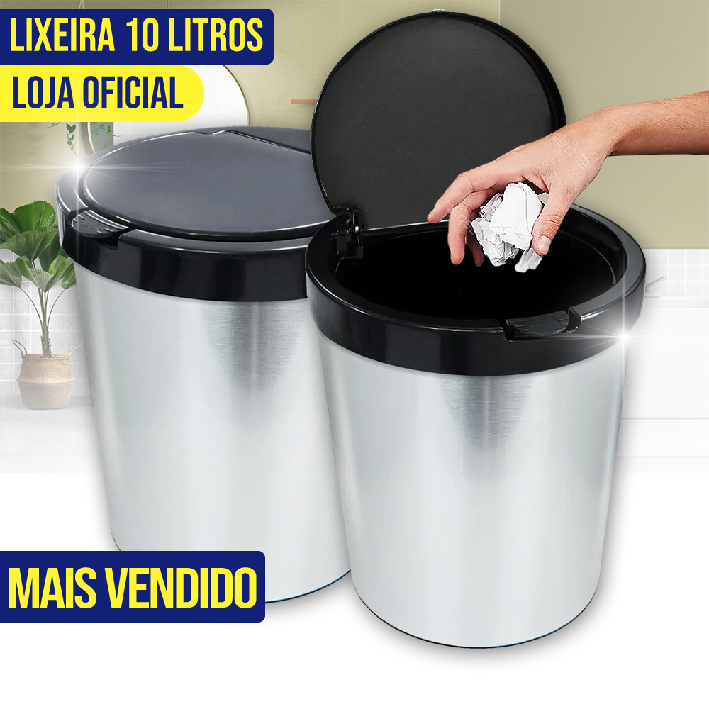 Lixeira Cesto de Lixo 10 Litros Inox Automática Tampa Click Label Para Banheiro Cozinha Escritório Quarto - Arqplast