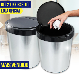 Kit 2 Lixeira Cesto de Lixo 10 Litros Inox Automática Tampa Click Label Antiodor Banheiro Cozinha com Pedal Lixeiras Arqplast