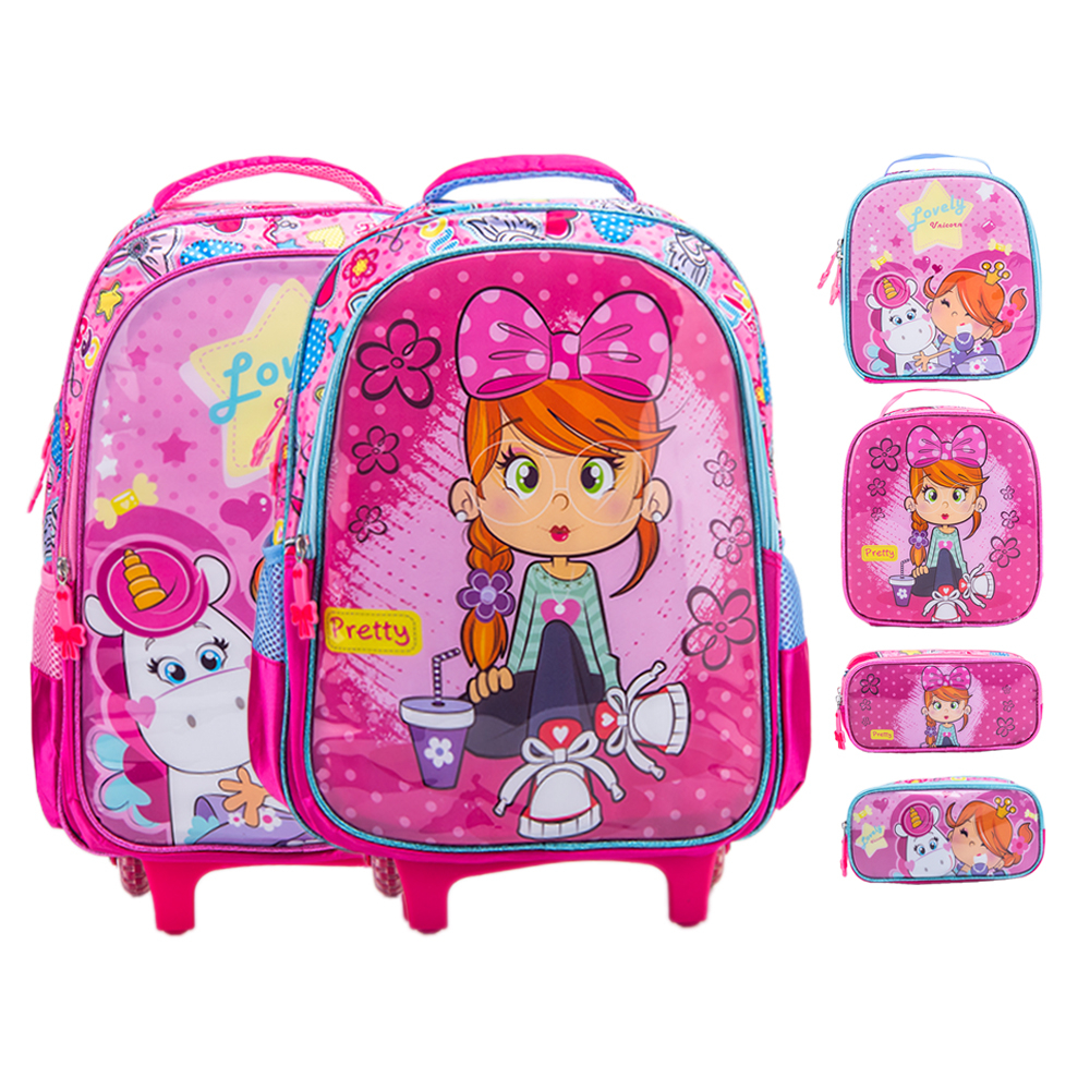 Kit Mochila Escolar Infantil de Rodinhas Menina Bolsa Resistente Impermeável Com Lancheira e Estojo BMA9312ML-KIT