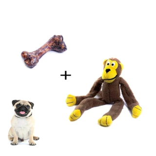 Kit Brinquedo Macaco de Pleúcia Chalesco Com Apito + Osso Defumado Petísco Para Cachorros
