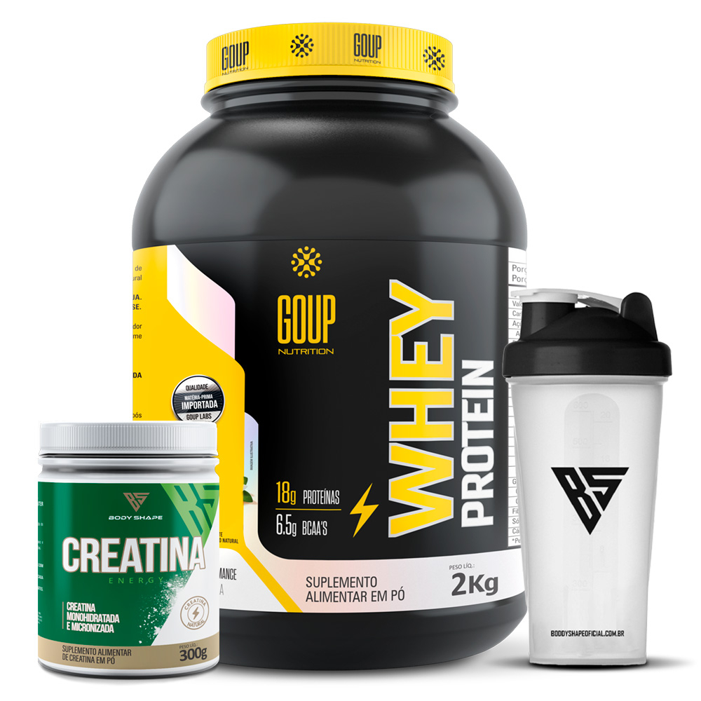 Kit Whey Protein Concentrado 2kg + Creatina 300g + Coqueteleira