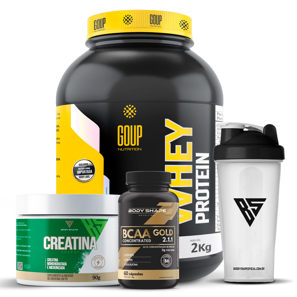 Kit Whey Protein Concentrado 2kg + Creatina 90g + BCAA 60 Cápsulas + Coqueteleira