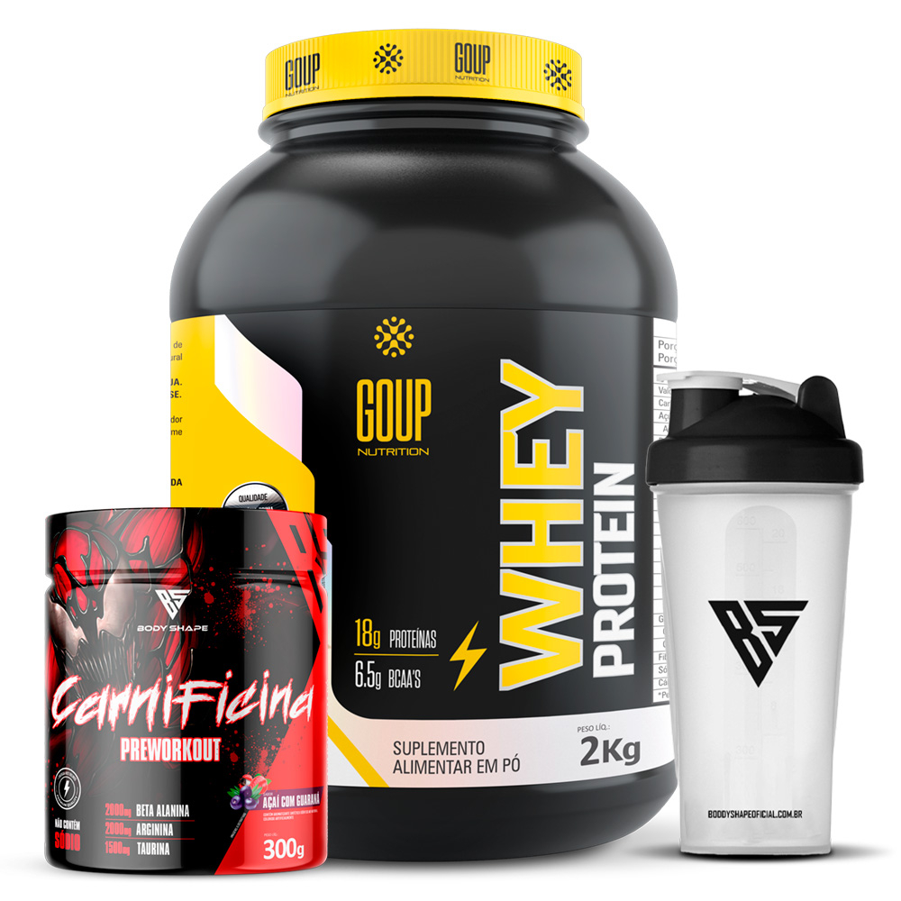 Kit Whey Protein Concentrado 2kg + Pré-treino Carnificina 300g Body Shape + Coqueteleira 600ml