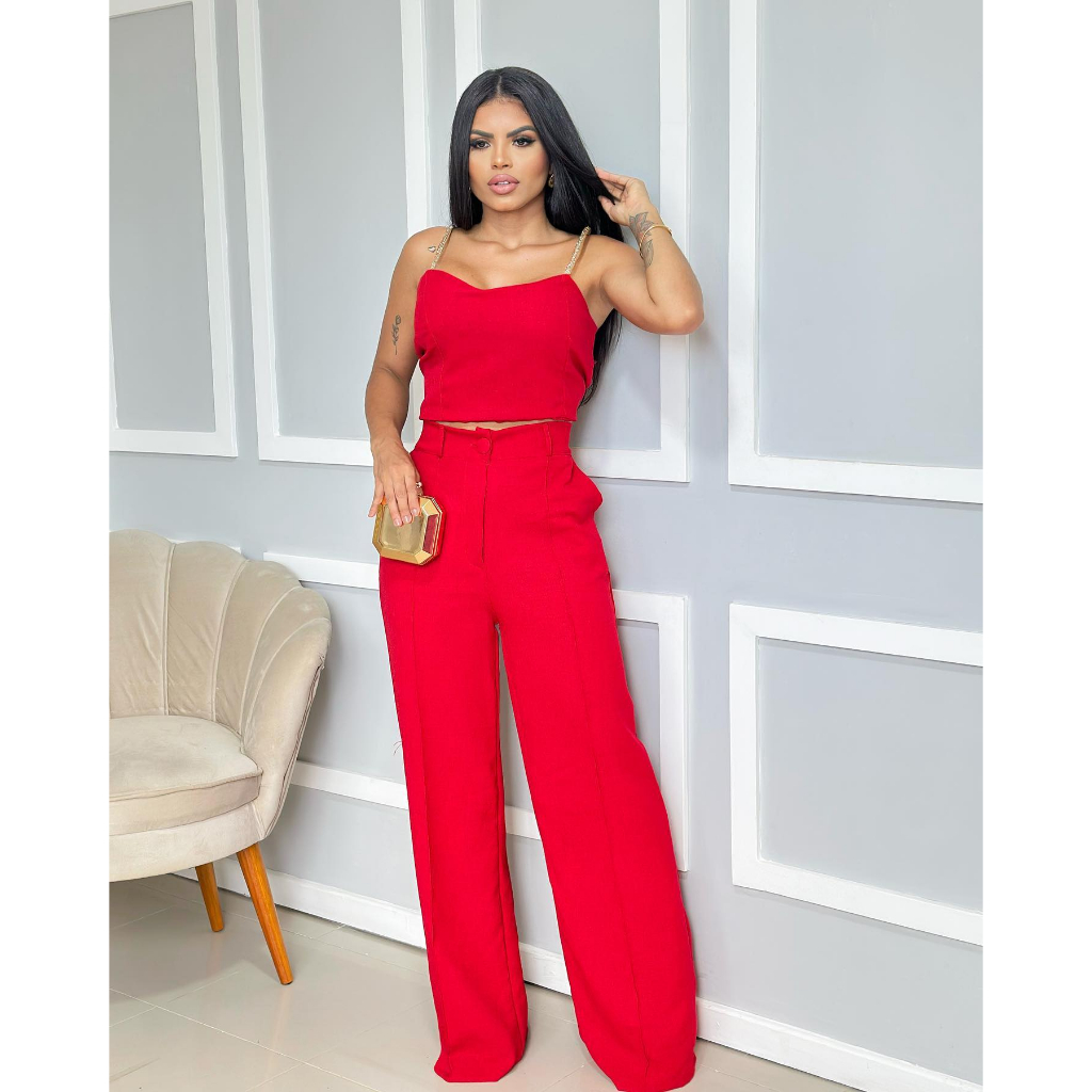 conjunto pantalona cropped conjunto vermelho tendência conjunto em linho  cropped calça