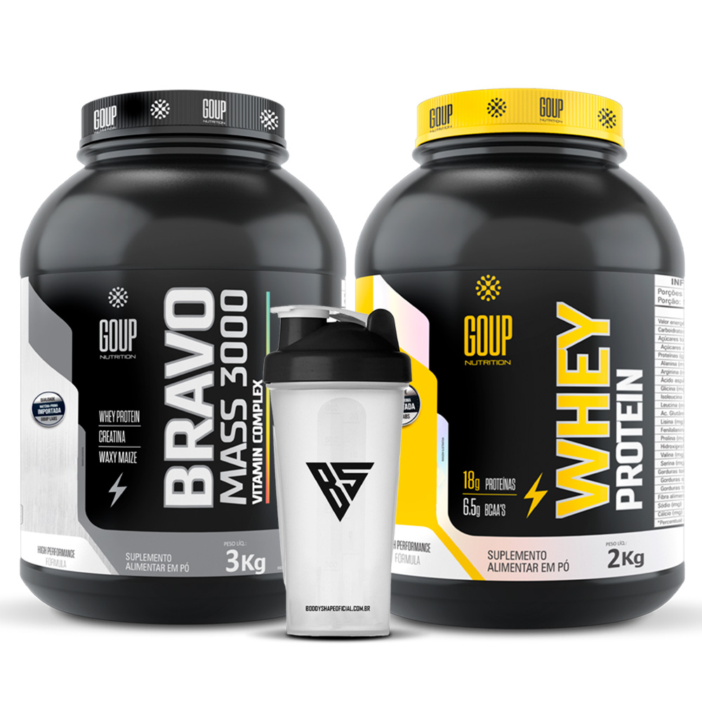 Kit Hipercalórico Bravo Mass 3kg + Whey Protein Concentrado 2kg + Coqueteleira 600ml