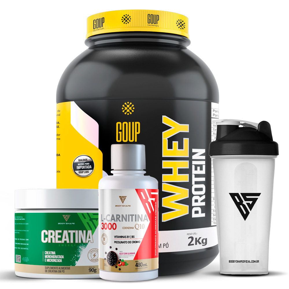 Kit Whey Protein Concentrado 2kg + Creatina 90g + L-carnitina 480ml + Coqueteleira 600ml