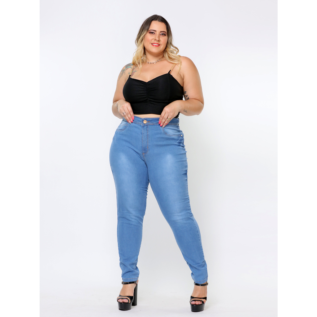 Calca Jeans Feminina Hot Pants Plus Size Cintura Alta Com Lycra Empina