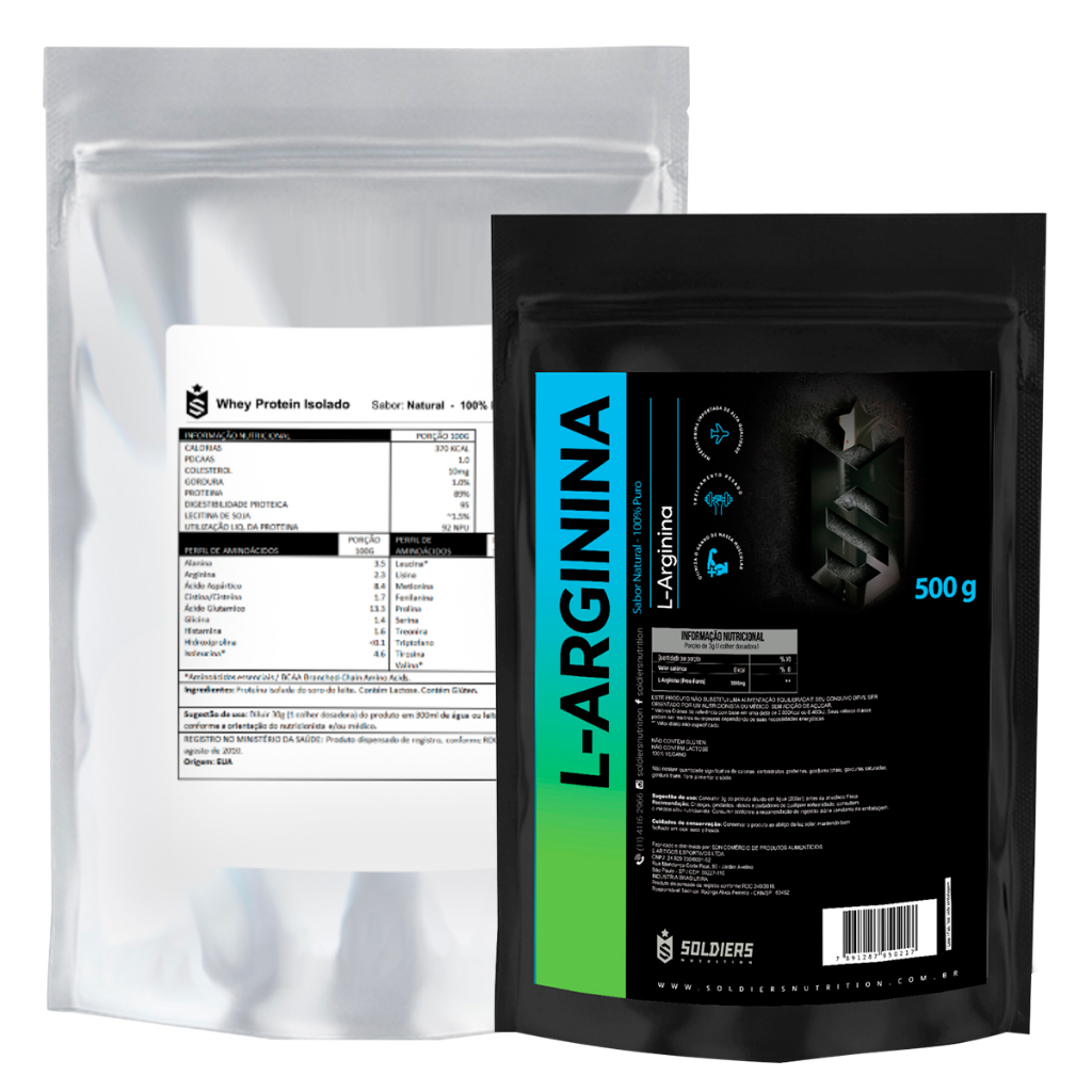 Kit: Whey Protein Isolado 1Kg + Arginina 500g – 100% Importado – Soldiers Nutrition