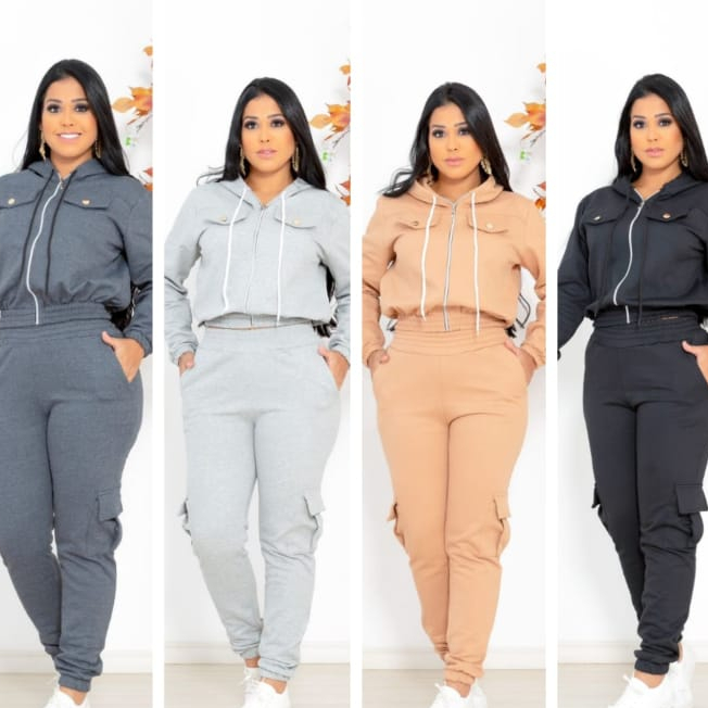 Conjunto Moleton feminino de Inverno Flanelado Calça Cargo Jogger Blusa ...