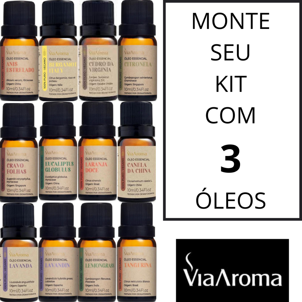 Óleo Essencial Via Aroma Para Aromaterapia 100% Puro E Natural - Escolha 3 Óleos