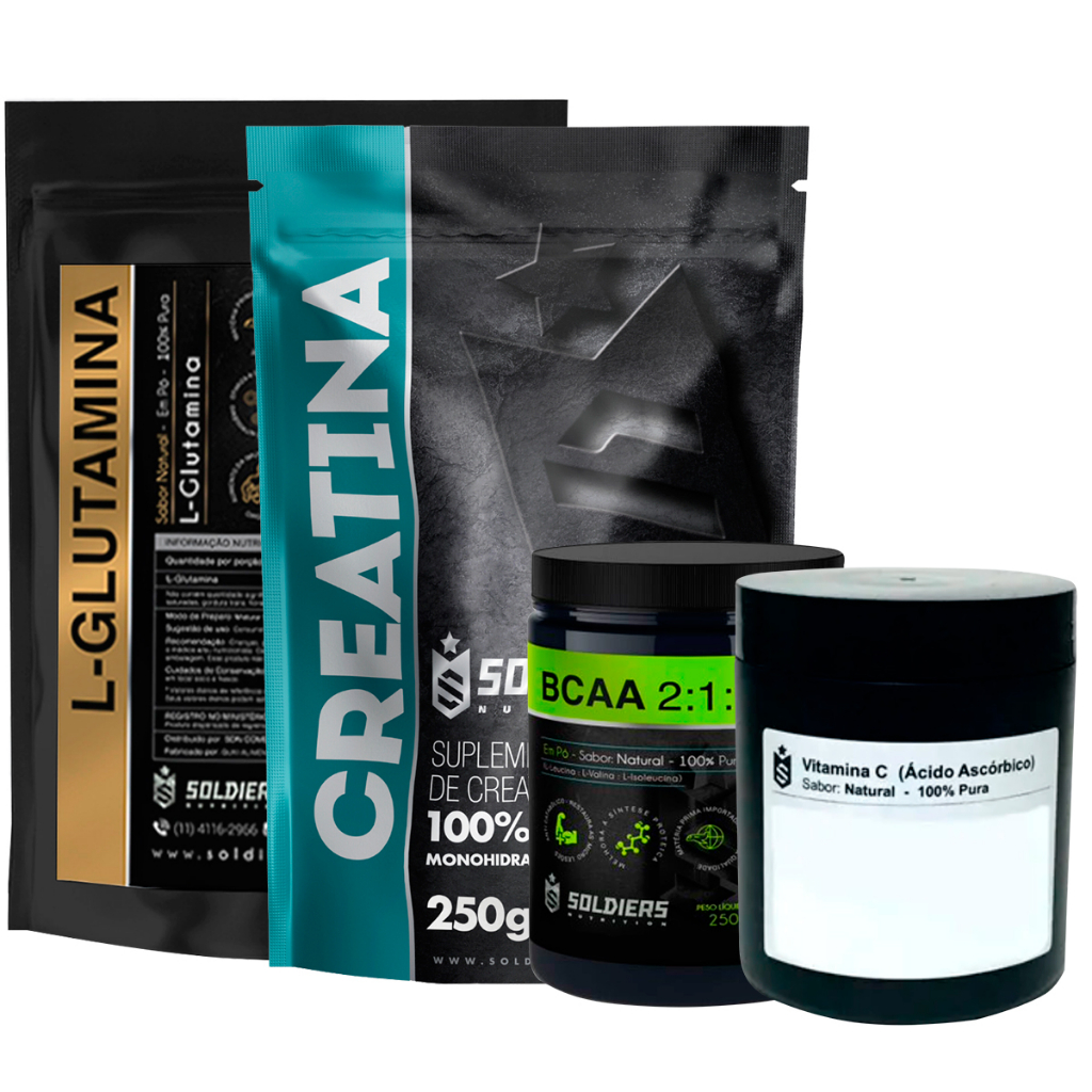 Kit BCAA 250g + Glutamina 250g + Creatina Monohidratada 250g + Vitamina C Em Pó 250g 100