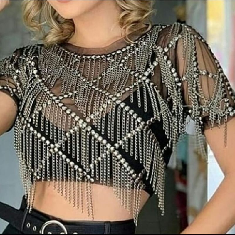 cropped bordado pedrarias e franjas .look balada | Shopee Brasil