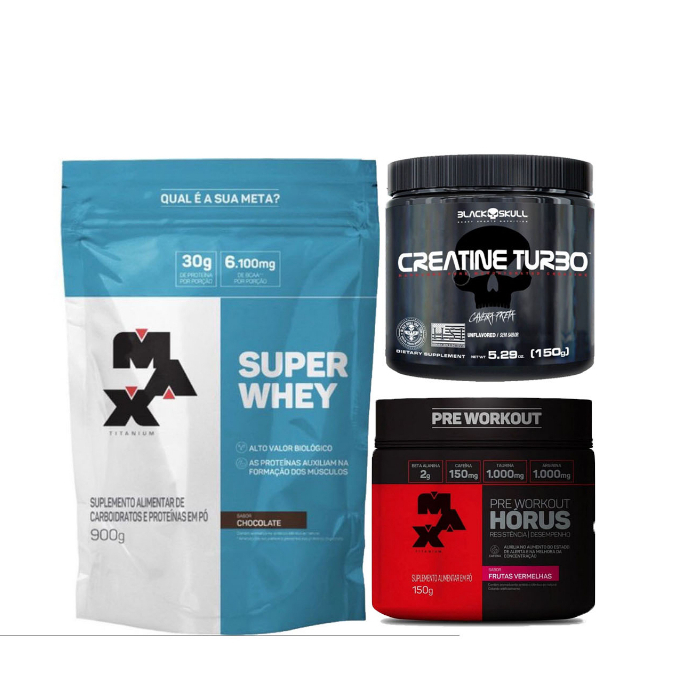 Super Whey Concentrado 900g + Pré Treino Hórus 150g + Creatina Turbo – 150 – Black Skull