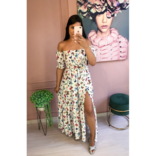 Vestido longo ciganinha lastex floral fenda ombro a ombro