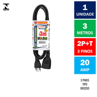 Extensão Elétrica Reforçada 3 Pinos Tipo Grosso 20A 3 Metros Preto Megatron ( Cordão Prolongador Tomada Simples 2P+T 20 Ampères )