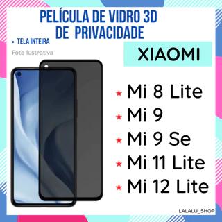 Película de Vidro de Privacidade Xiaomi Mi 8 Lite/ Mi 9/ Mi 9 Se/ Mi 11 Lite/ Mi 12 Lite Protetor de Tela.
