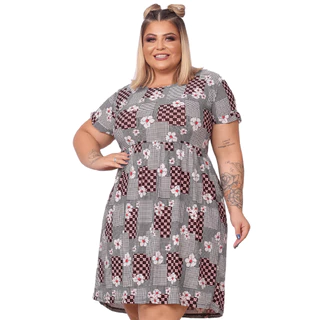 Vestido Para Senhoras Estampado Soltinho Malha Liganete Plus Size G/GG Com Manguinha Comportado