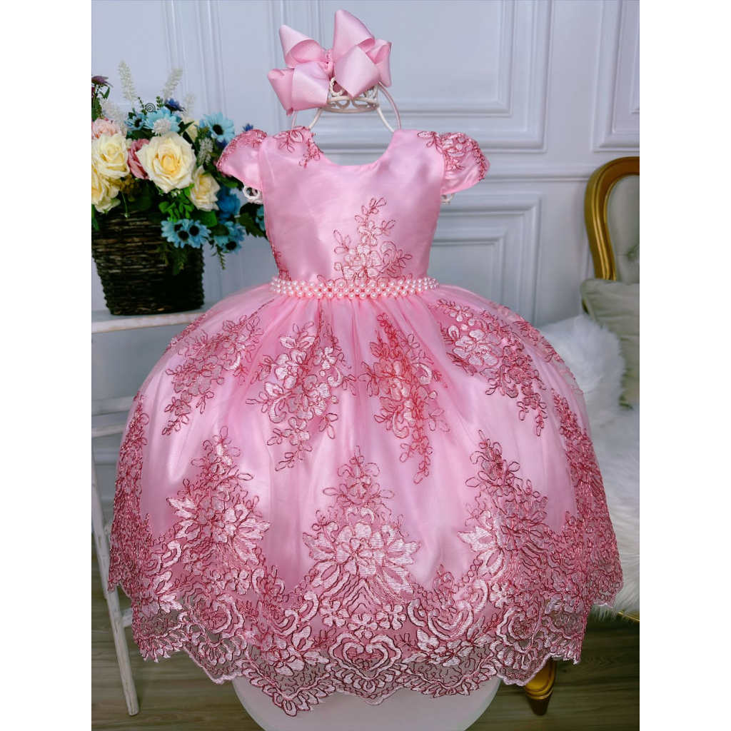 Vestido Infantil Vermelho Realeza Renda Luxo Festa Princesa - Rosa