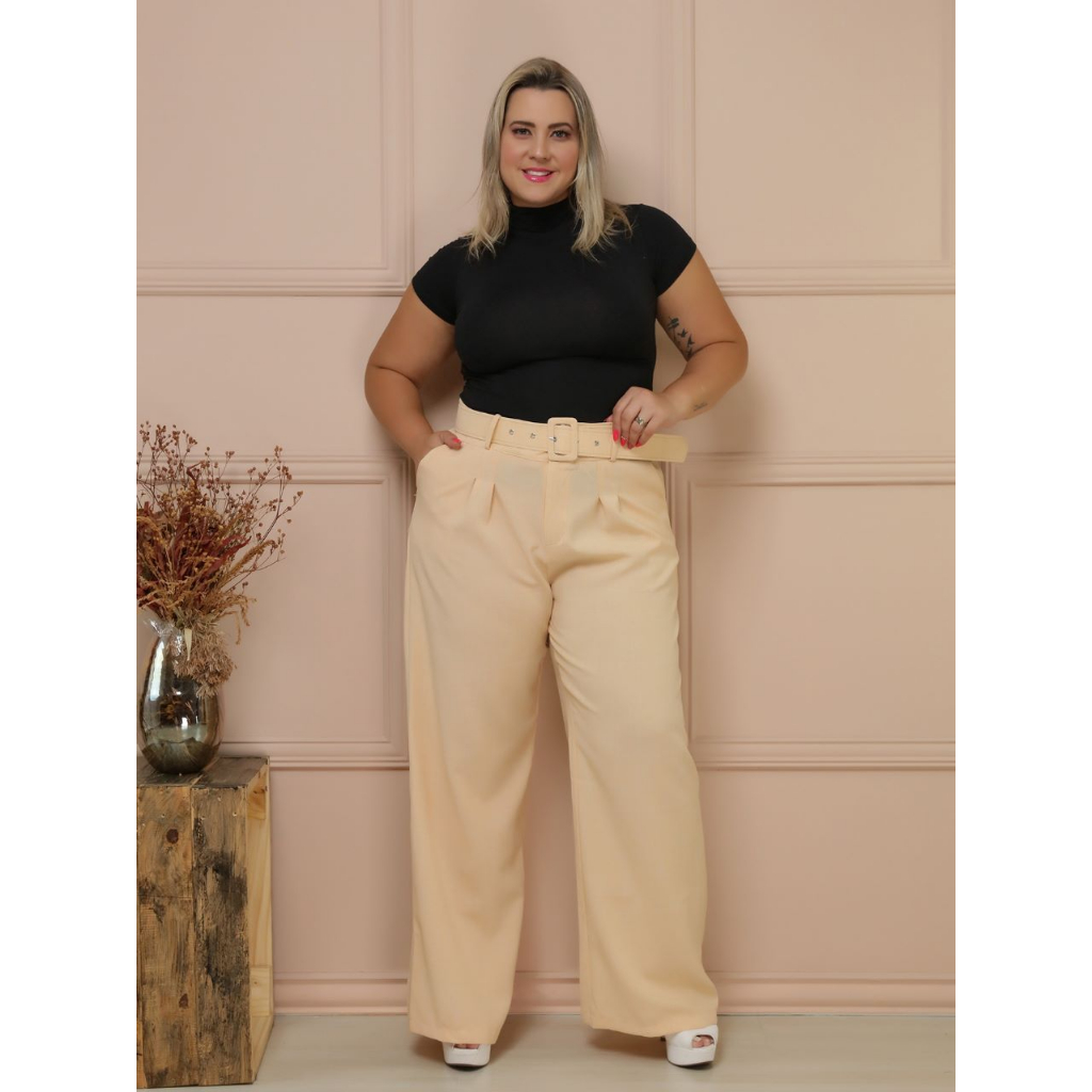 Calça plus size estilo social de linho com cinto C291
