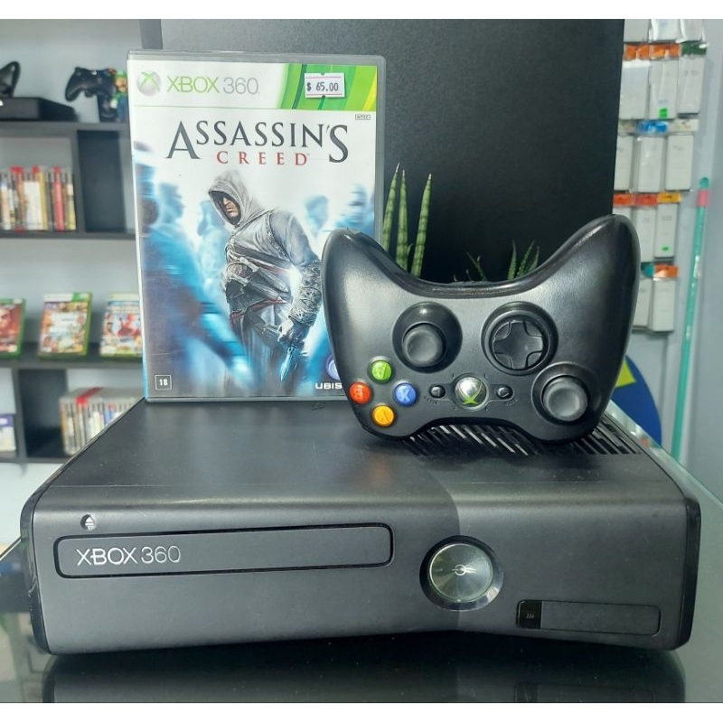 Xbox 360 Slim Bloqueado + 1 controle original + 1 jogo Assassin's Creed