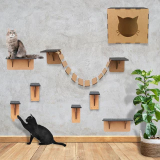 Playground Gatos 8 Peças Kit Playground Parede Brinquedo Gato Casinha Ponte Prateleiras Degraus Mdf