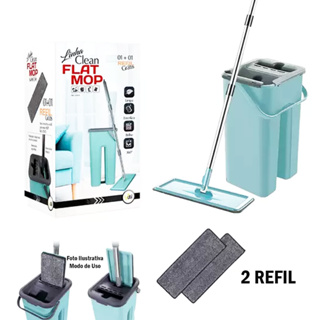Flat Mop Com 2 Refis De Limpeza Com Balde 5 Litros Esfregão E Rodo Mágico 360° Lava Seca Tira Pó