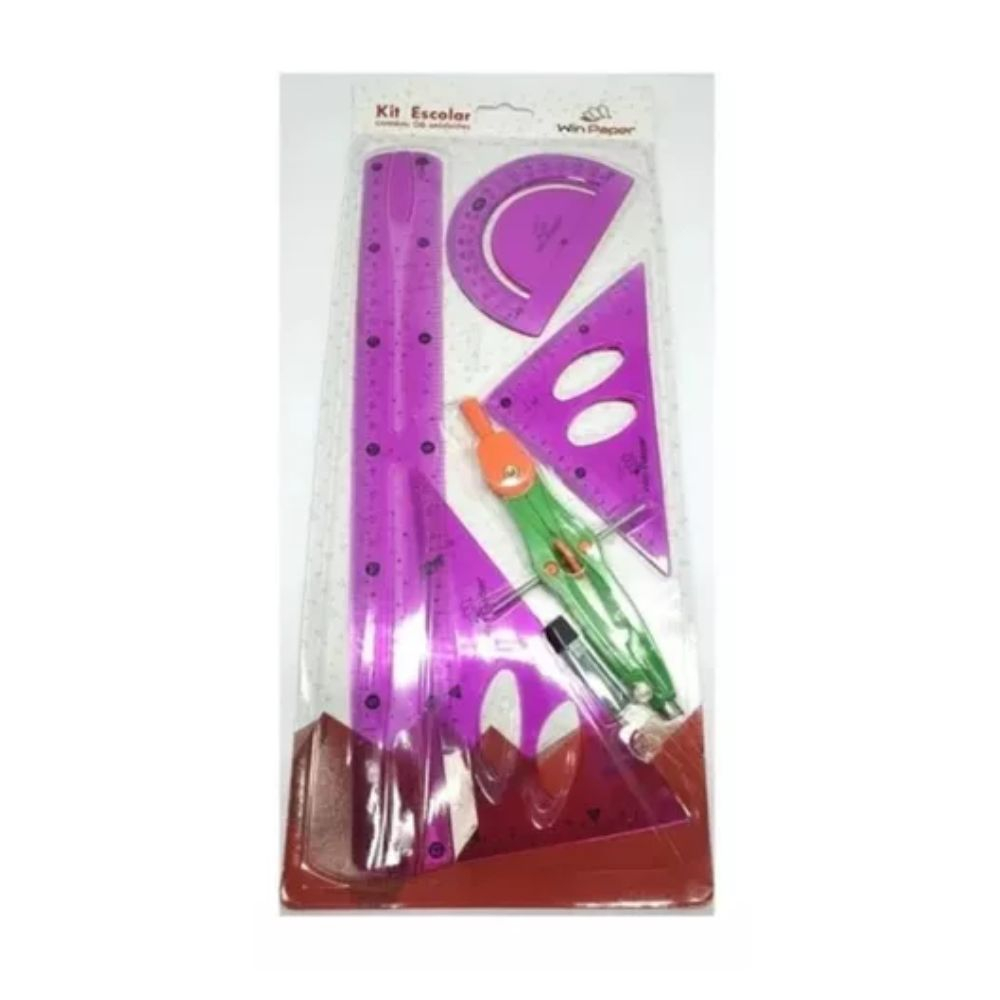 Kit Escolar 6 Peças Transferidor Compasso Régua Esquadro