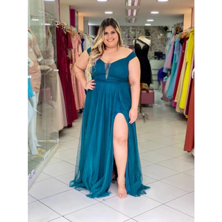 Vestido Longo Verde Escuro Brilhoso Com Decote P ao Plus size Isabelly