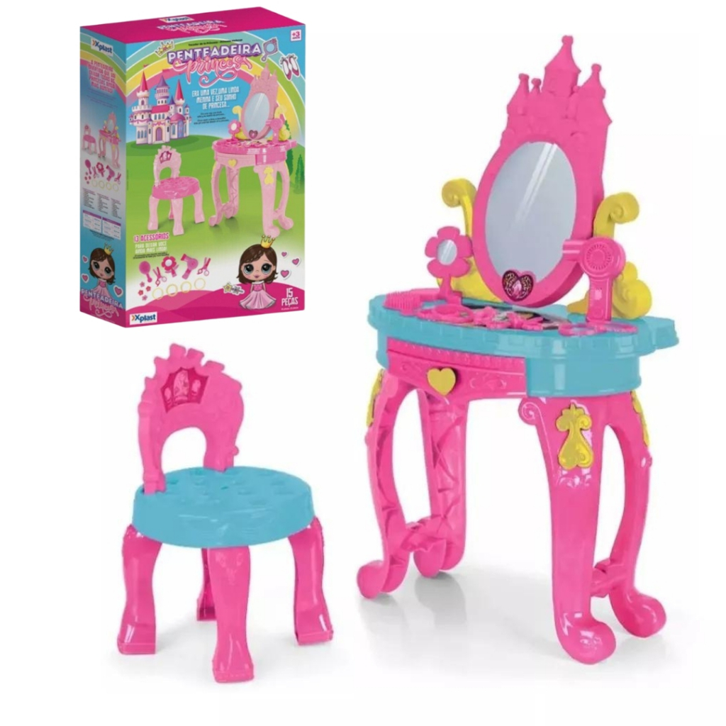 Penteadeira Princesa Menina Infantil com Banquinho e Acessórios Xplast Homeplay 3117