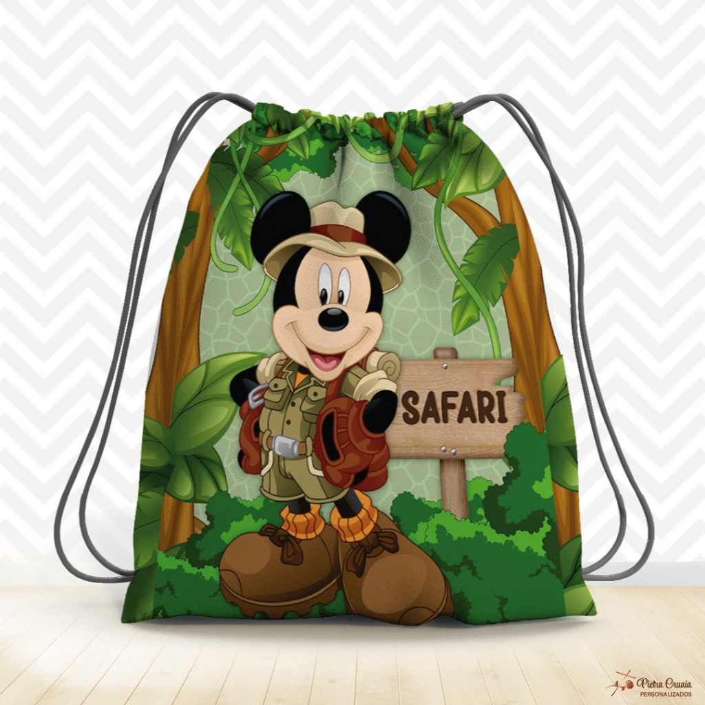 Kit com 10 ou 15 mochilas Personalizada (Modelo Saco) 19x28 TAMANHO MÉDIO/Mickey safari