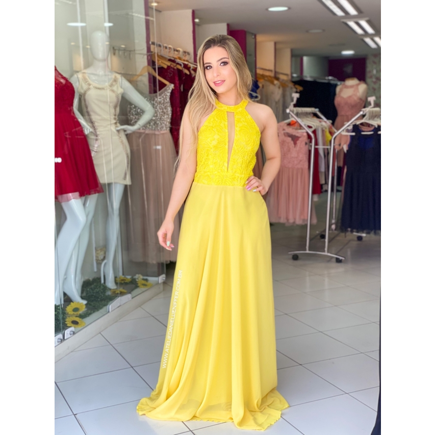 Vestido Longo Amarelo Com Decote Madrinha Convidado Formatura