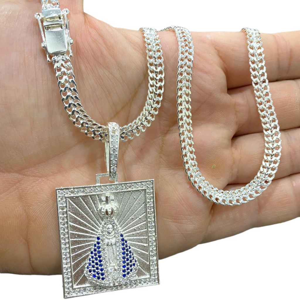 Cordão Grumet Masculina Escama dupla 7mm a Prata Mista 925 Pingente Nossa Senhora Cravejado Zircônias