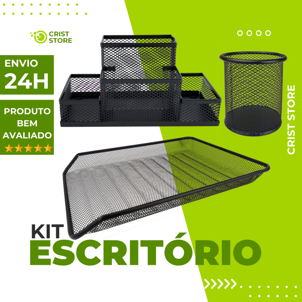 Kit para Escritório Porta Caneta Porta Lápis, Organizador de Mesa, Bandeja Organizadora de Papel A4 Sulfite Preto