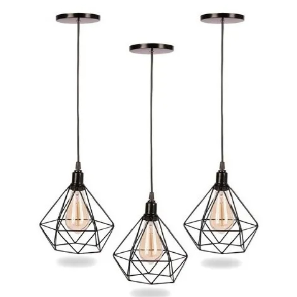 Kit 3 Pendentes Luminaria Lustre Diamante Aramado Preto Cabo Regulavél