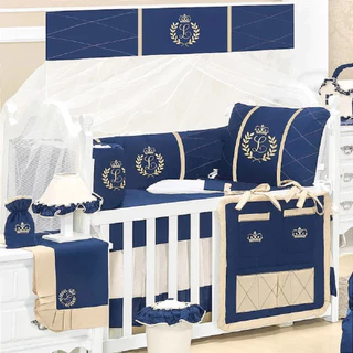 Kit Berço Com A Inicial Do Bebê Bordada Luxo Azul Marinho