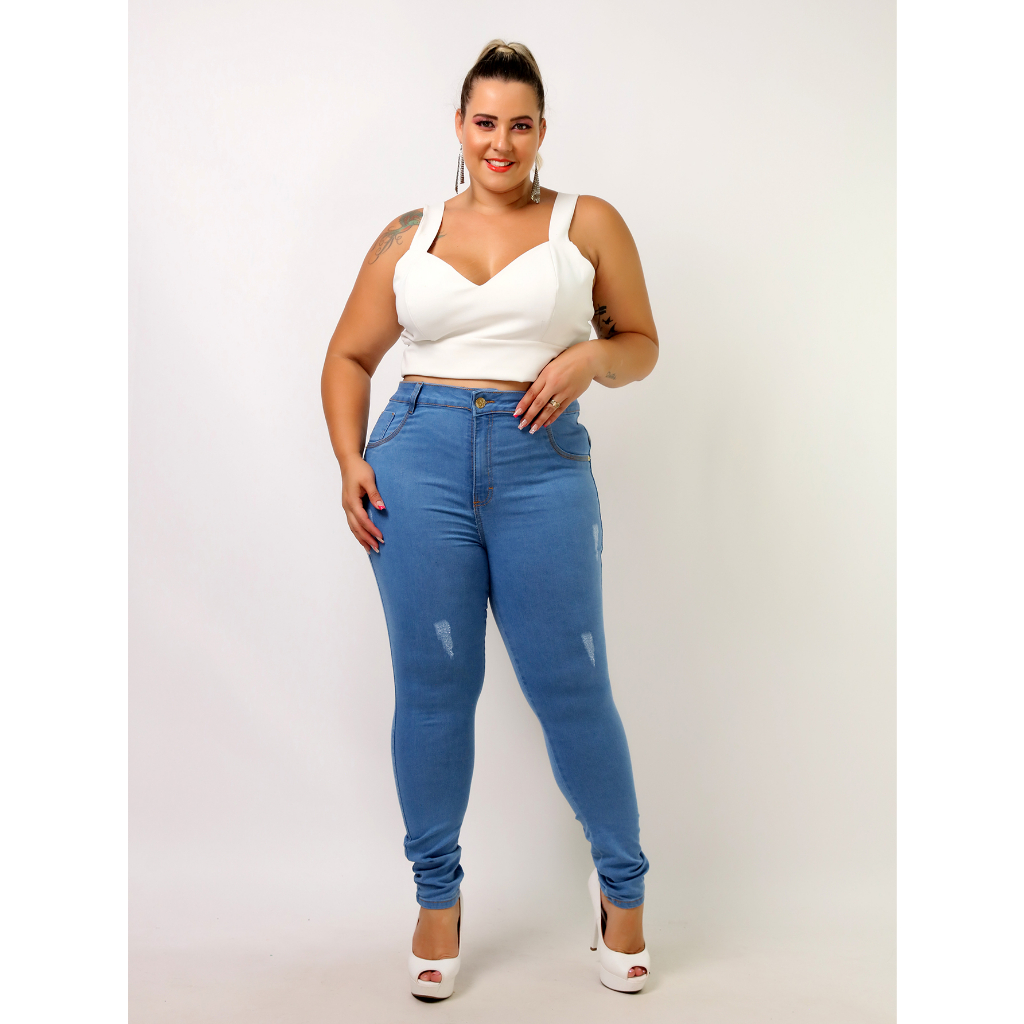 Calca Jeans Feminina Hot Pants Plus Size Cintura Alta Com Lycra Empina