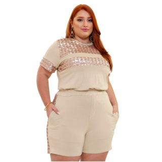 Conjunto Feminino Malha Paetê Vicenza Plus Size Blusa Malha e Short Forrado