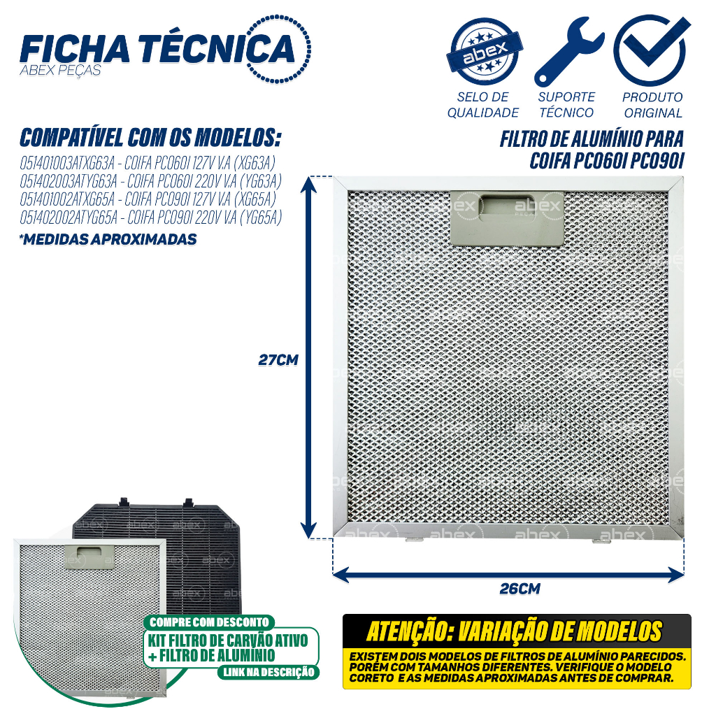 Filtro Alumínio Coifa Philco Original: Filtro em Alumínio Para Coifa Pco60i