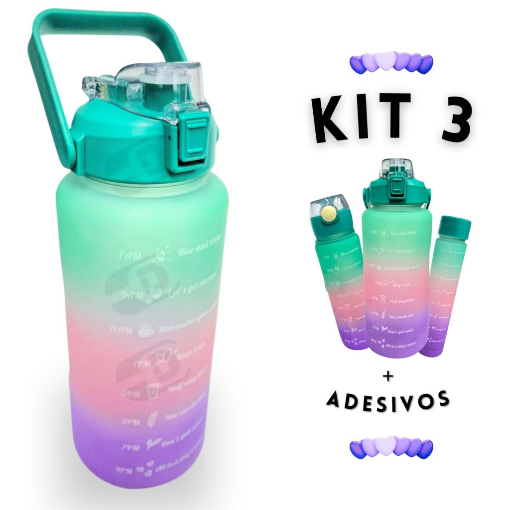 KIT3 Garrafa De Água Motivacional De Grande Capacidade Portátil De 2000ML  800ML 300ML Em Degradê envio em 24 horas