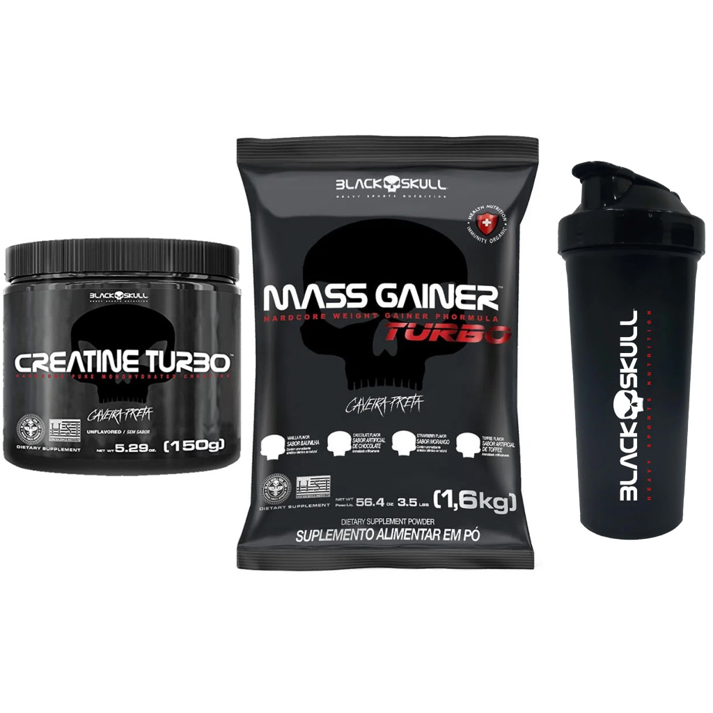 Kit Hipercalorico Mass Gainer 1,6kg Turbo + Creatina Monohidratada Turbo 150g + Coqueteleira