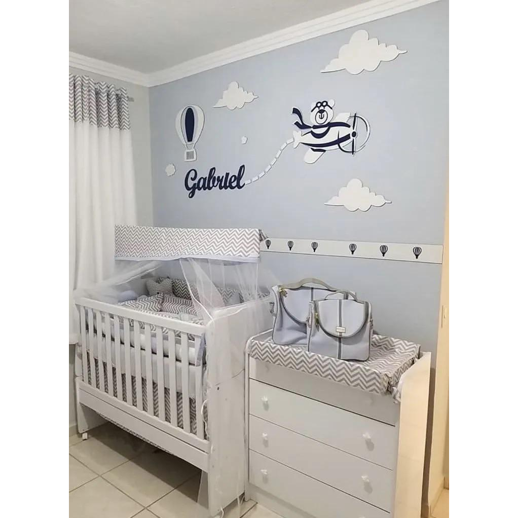 Kit Painel de Parede Completo 20 peças Urso Aviador Decoração Quarto do Bebê Personalizado com nome