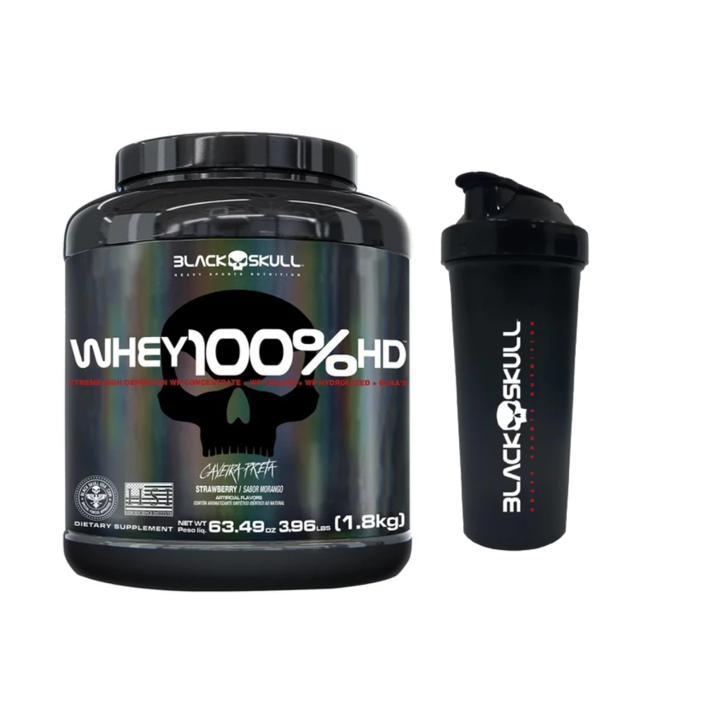 Kit Whey 100% HD Black Skull 1,8kg Pote - WPC, WPI e WPH + Coqueteleira Shaker 600ml