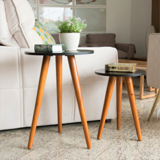 Duas Mesinhas Lateral Apoio Sofa Mdf Preto E Madeira